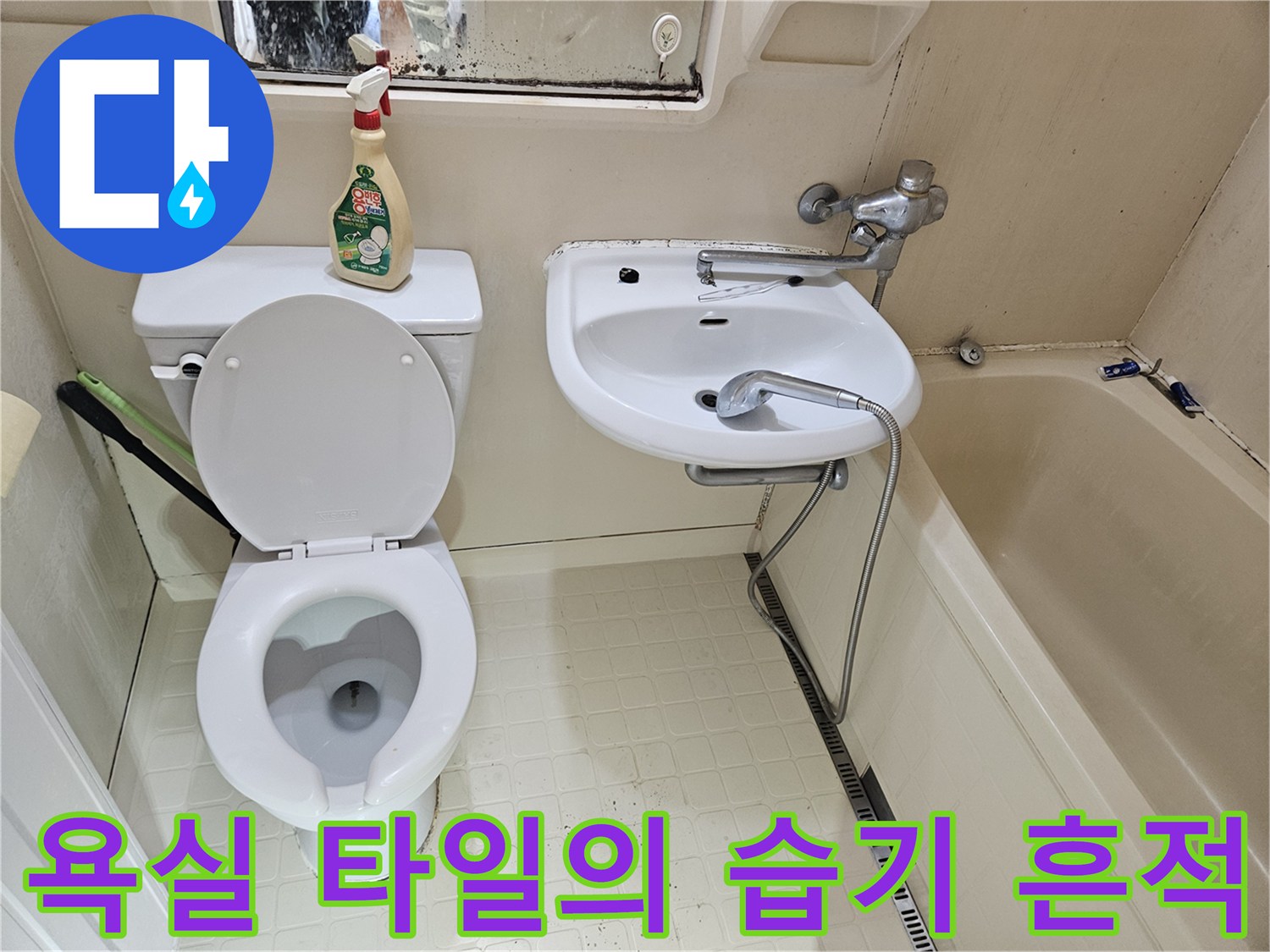 세면대와 변기 뒤쪽 벽면 타일에 나타난 어두운 얼룩 사진입니다.