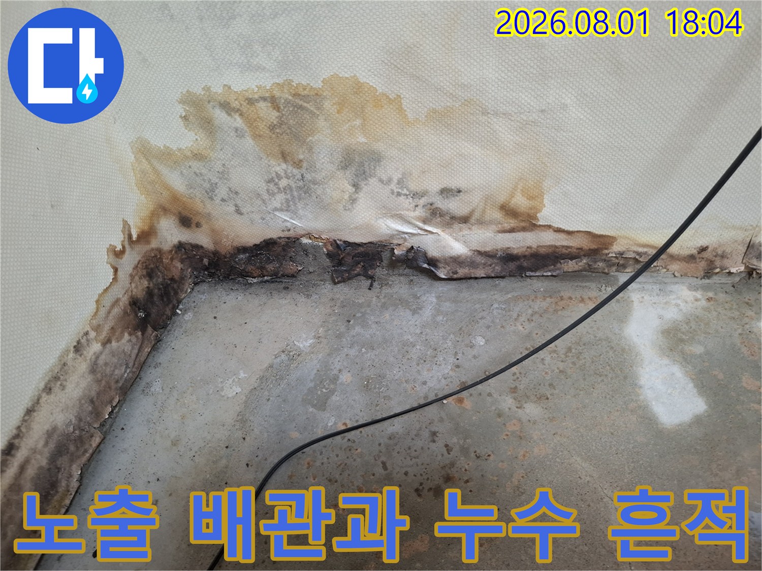 천장 내부를 노출시켜 누수가 발생한 배관 부위를 확인하는 작업 사진
