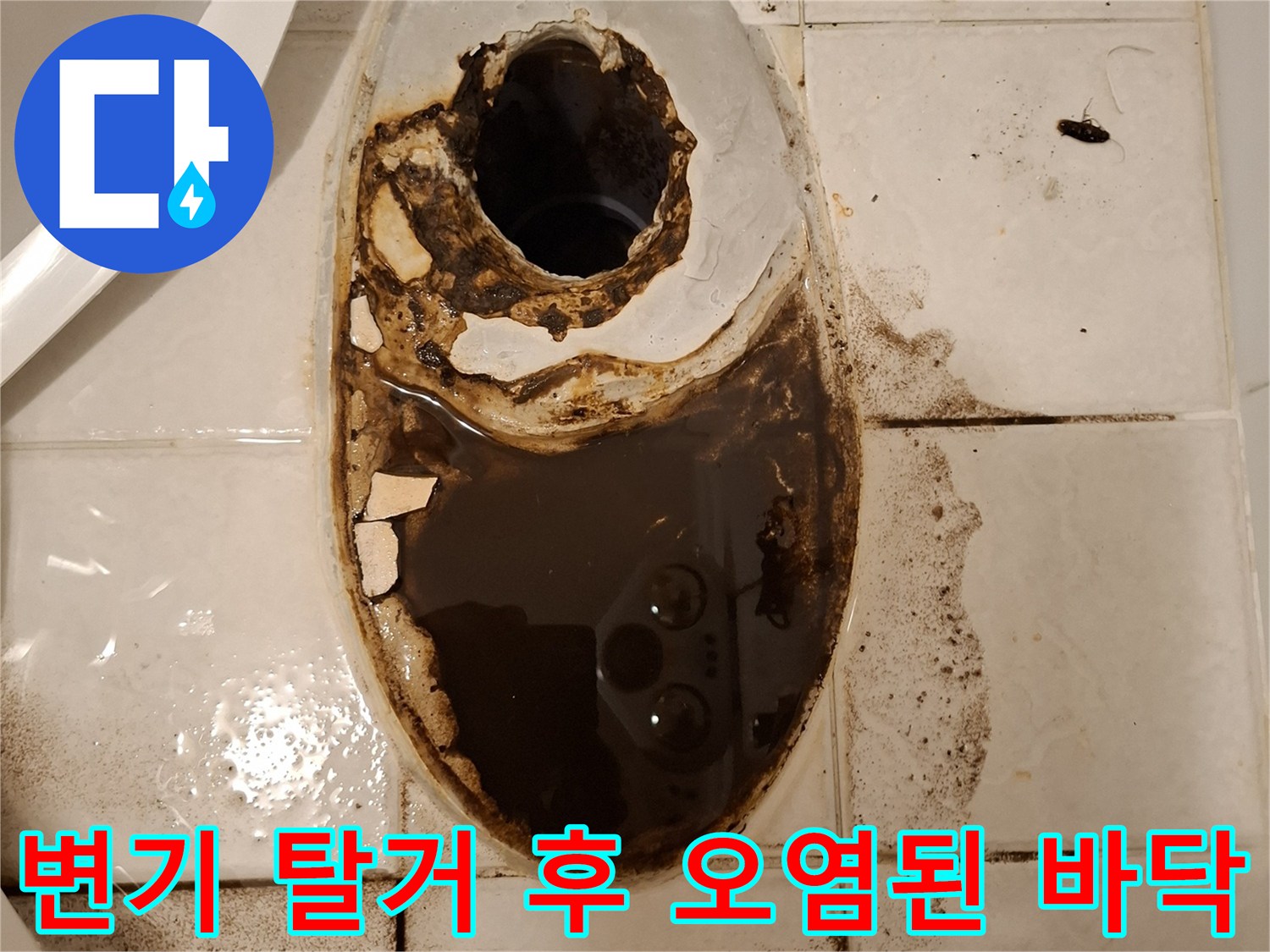 변기를 탈거한 후 드러난 검게 오염된 오수관 주변 바닥 상태