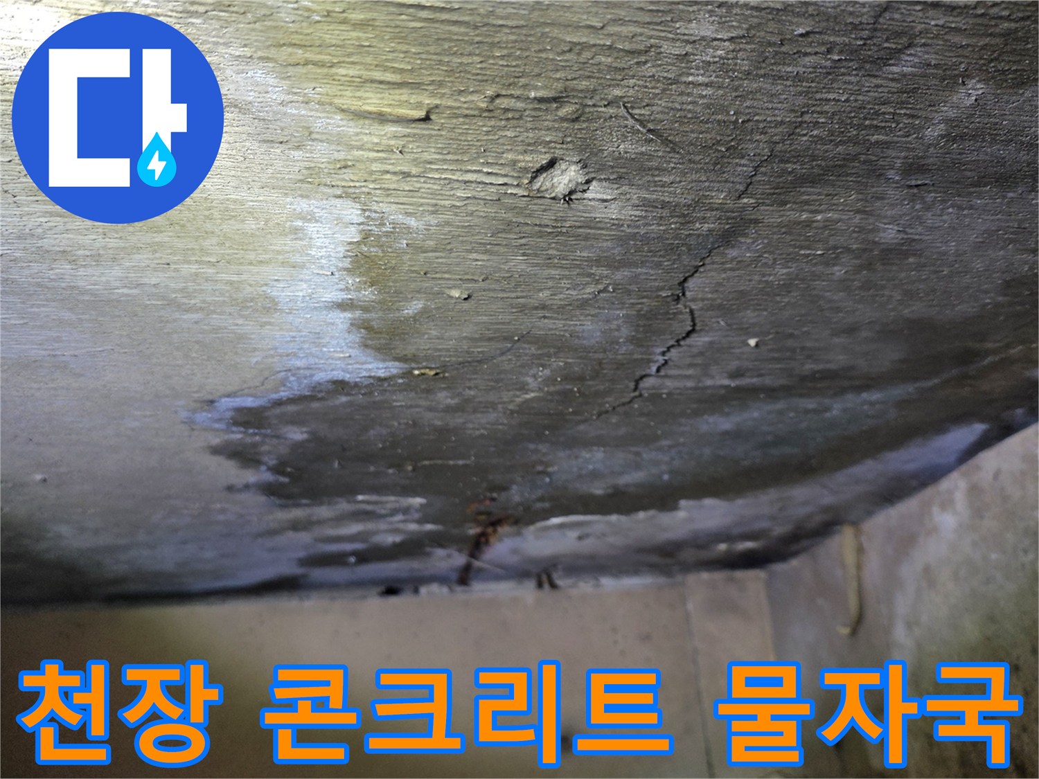 물기가 스며든-천장 슬래브의 변색된 부분과 균열