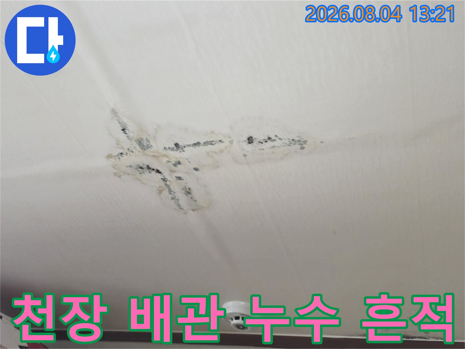 천장에 발생한 누수 얼룩과 배관 주변 오염 상태