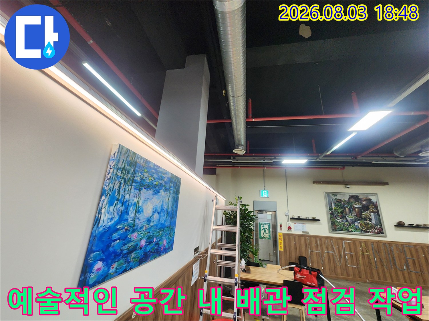 아트 작품이 전시된 벽면과 공사용 사다리 배치