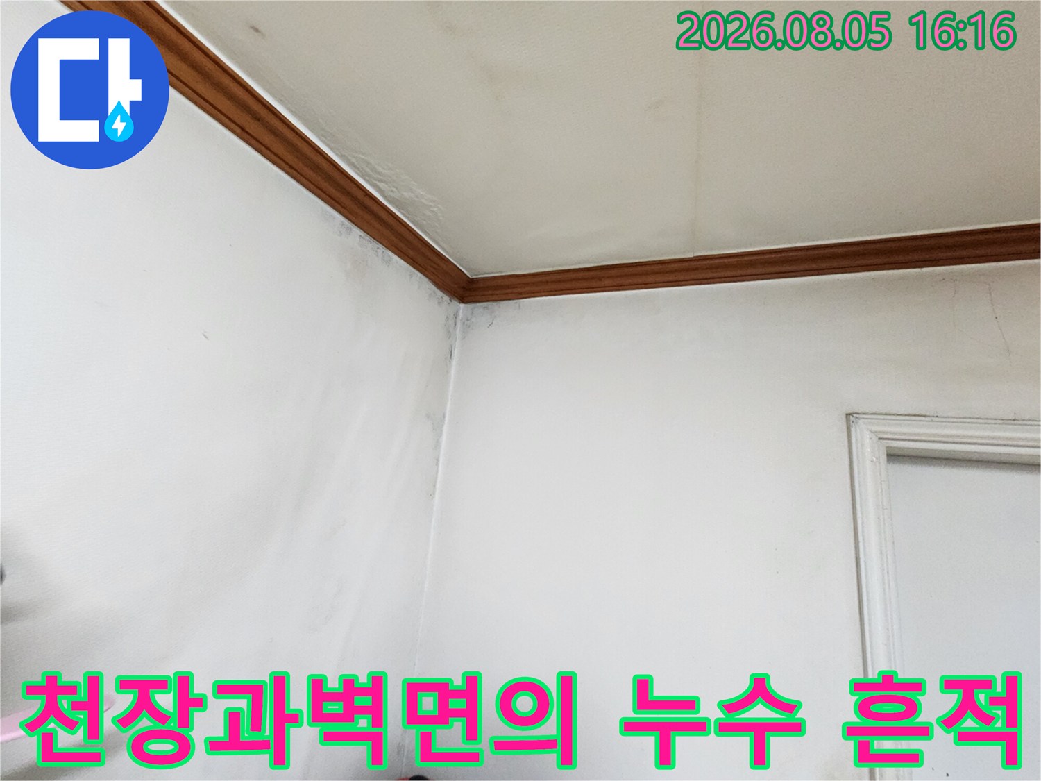 흰색 벽면과 천장에 발생한 누수로 인한 얼룩 및 오염 상태