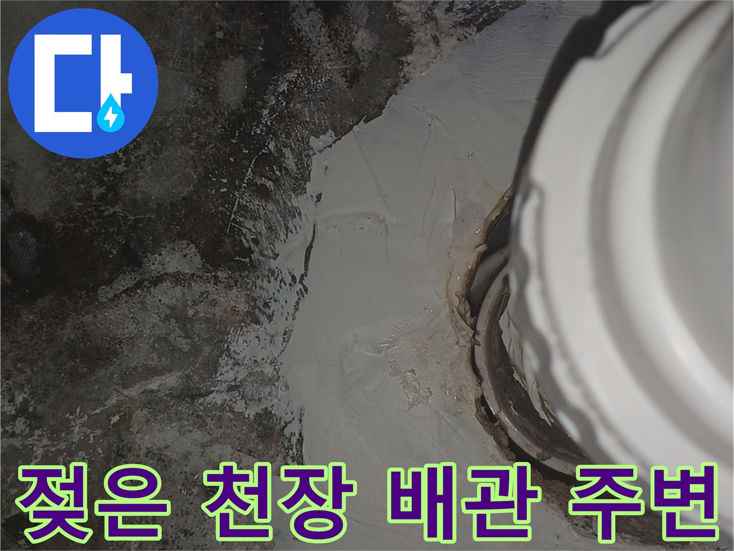 천장 배관 하단의 곰팡이와 습기 오염 상태