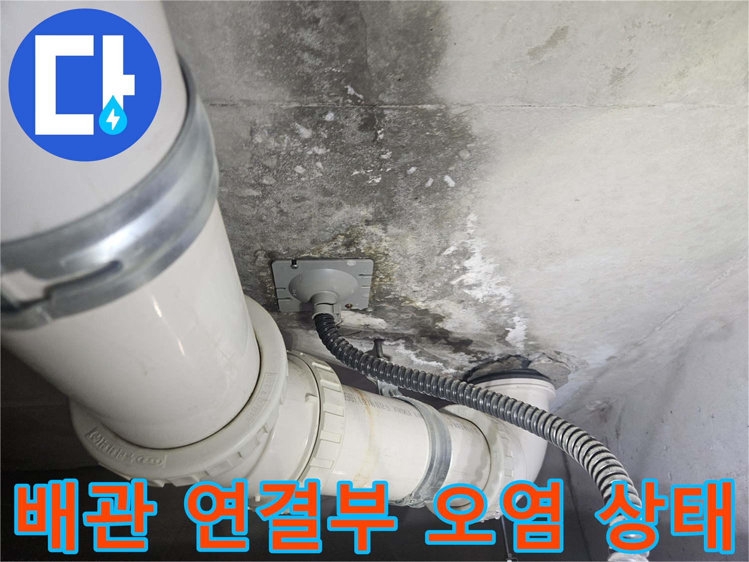 하얀색 배관과 주변의 어두운 곰팡이 흔적