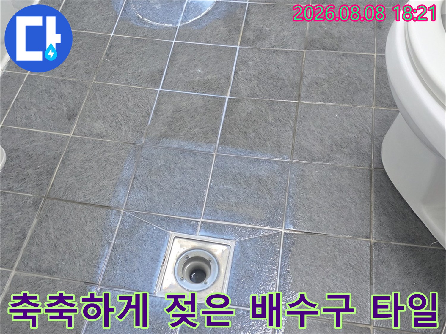 배수구 주변과 변기 옆 타일이 물기에 젖어 있는 사진