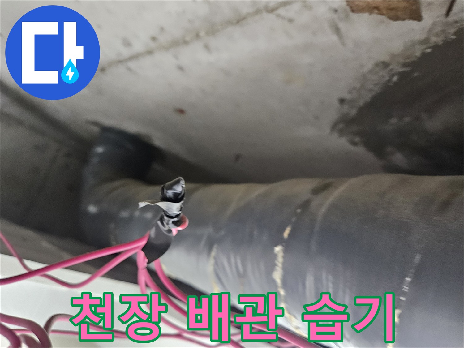 천장 내부의 굵은 배관과 분홍색 전선 주변의 습한 상태