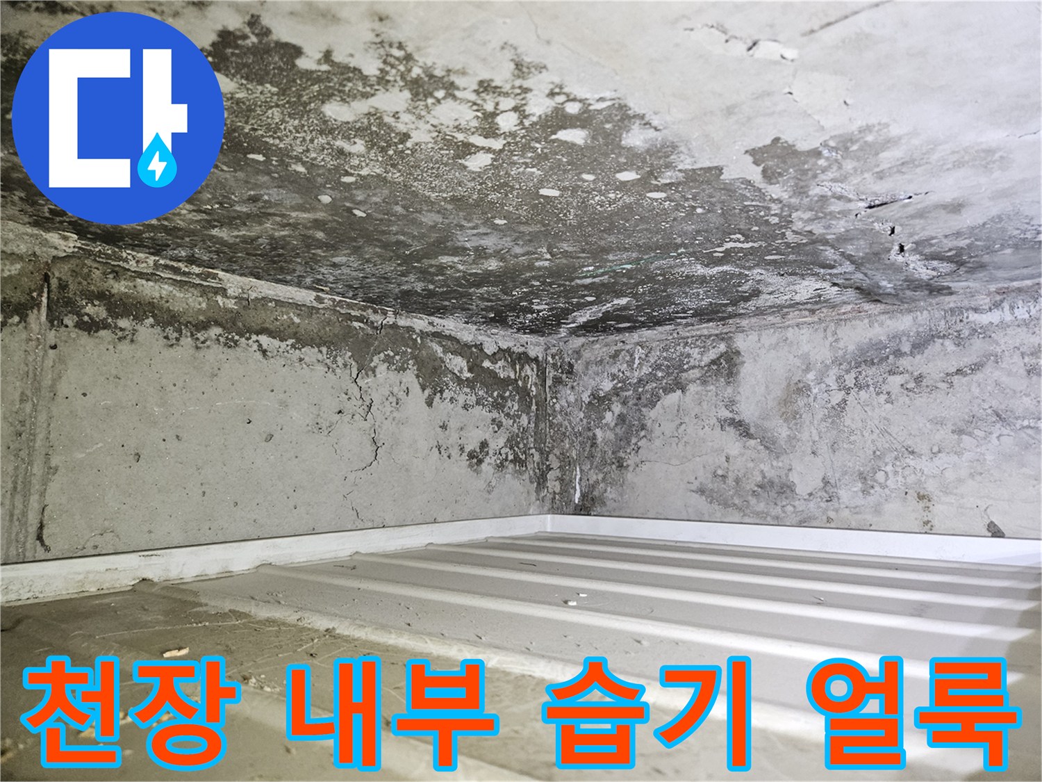 콘크리트-벽면과-바닥에-퍼진-심한-습기-및-얼룩