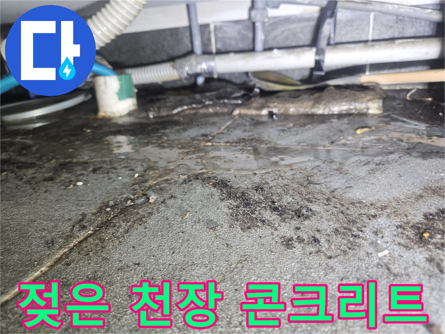 누수로 인해 검게 변색된 천장 슬래브와 배관 구조물