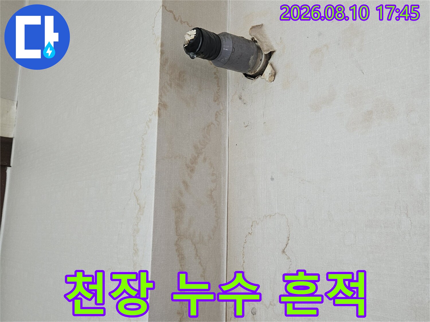천장 마감재의 물에 젖은 얼룩과 배관 노출 부위