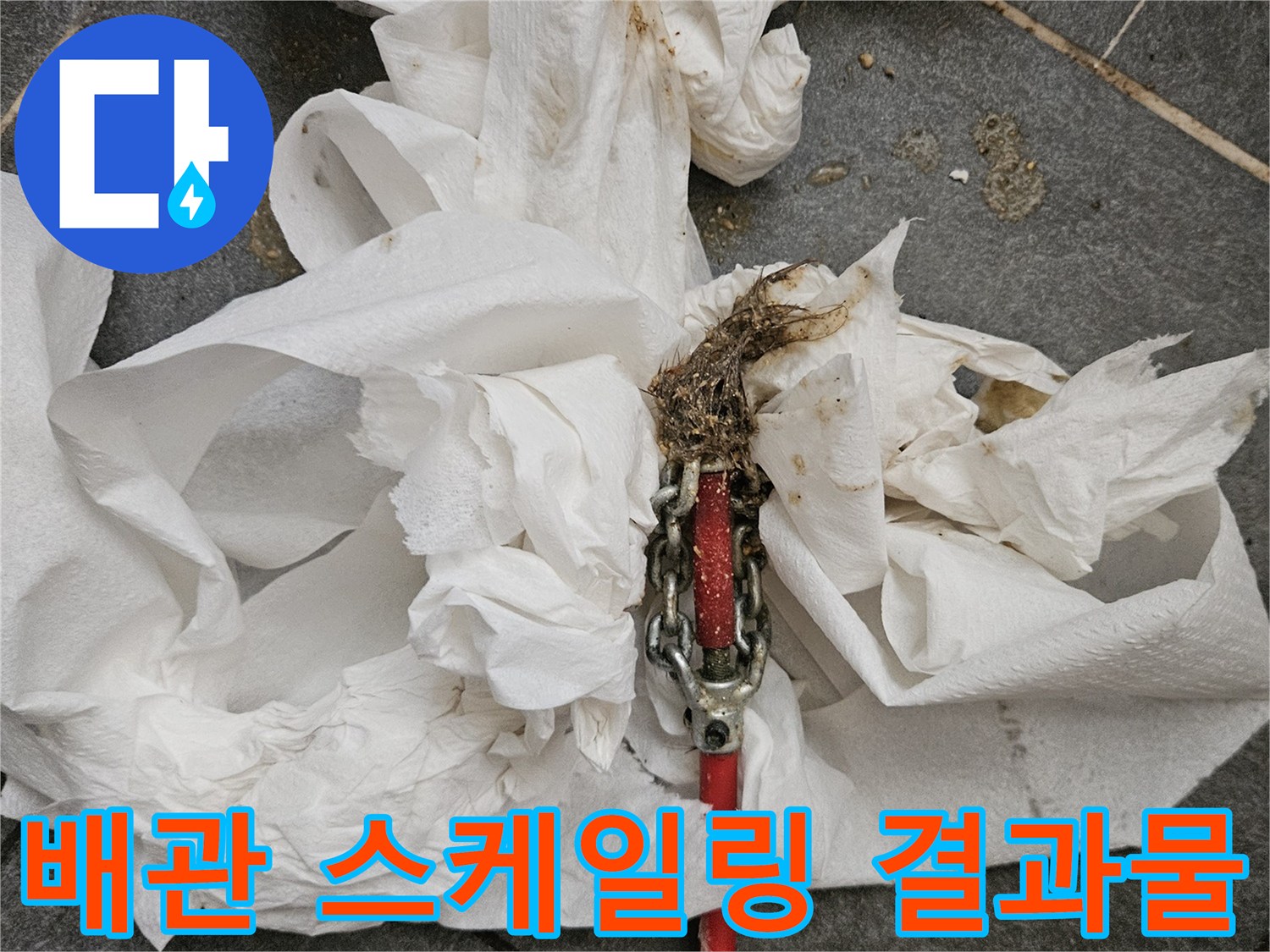 하수관 청소 후 장비에 묻어 나온 머리카락과 오염된 슬러지