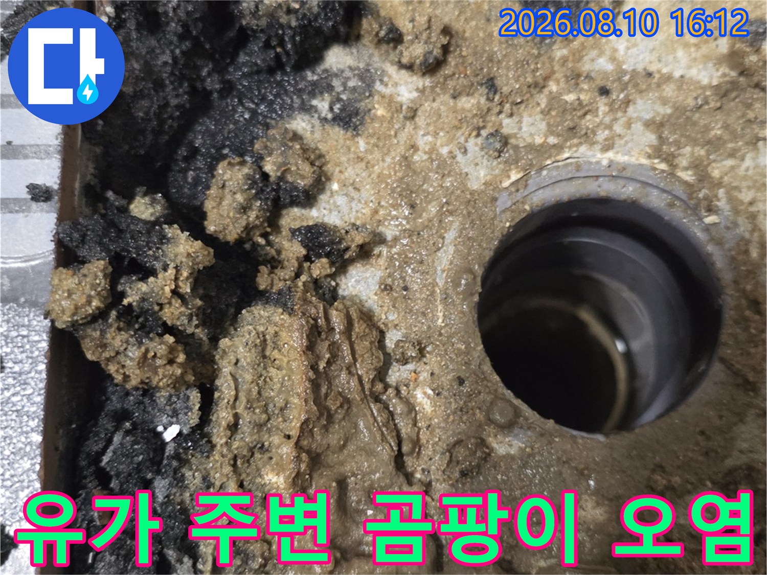 검은 곰팡이가 심하게 발생한 욕실 유가 주변의 모습입니다.