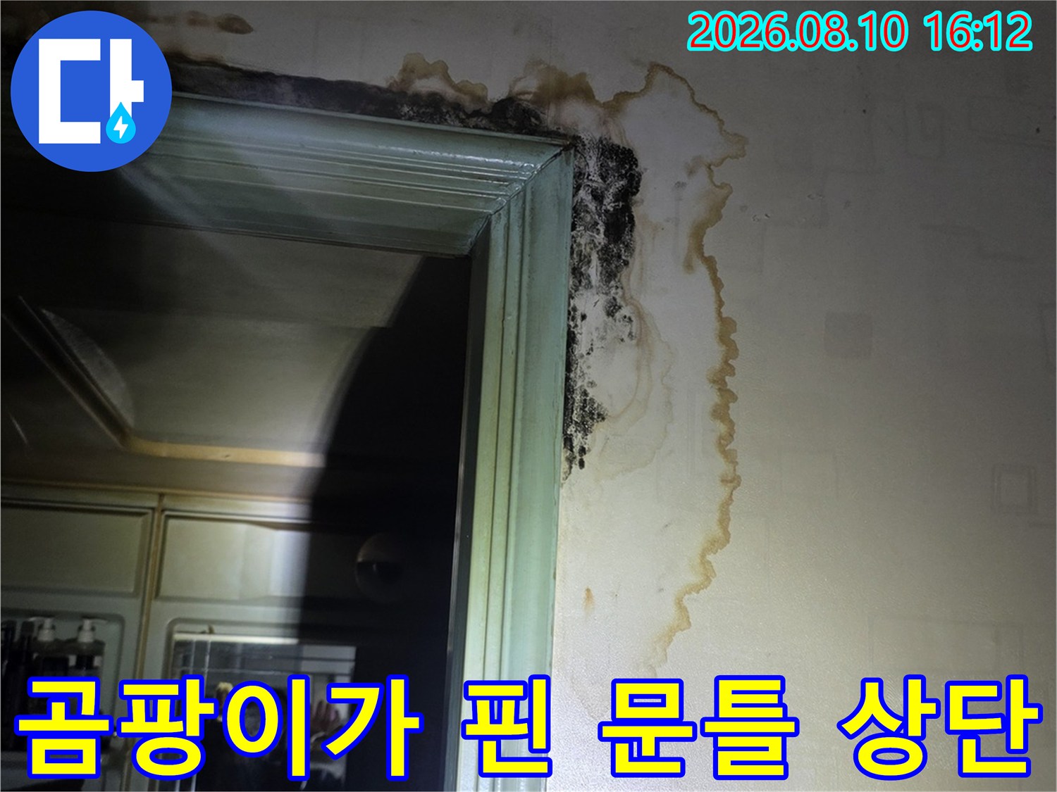 누수로 인해 젖고 곰팡이가 생긴 문틀 상단 벽면 부위