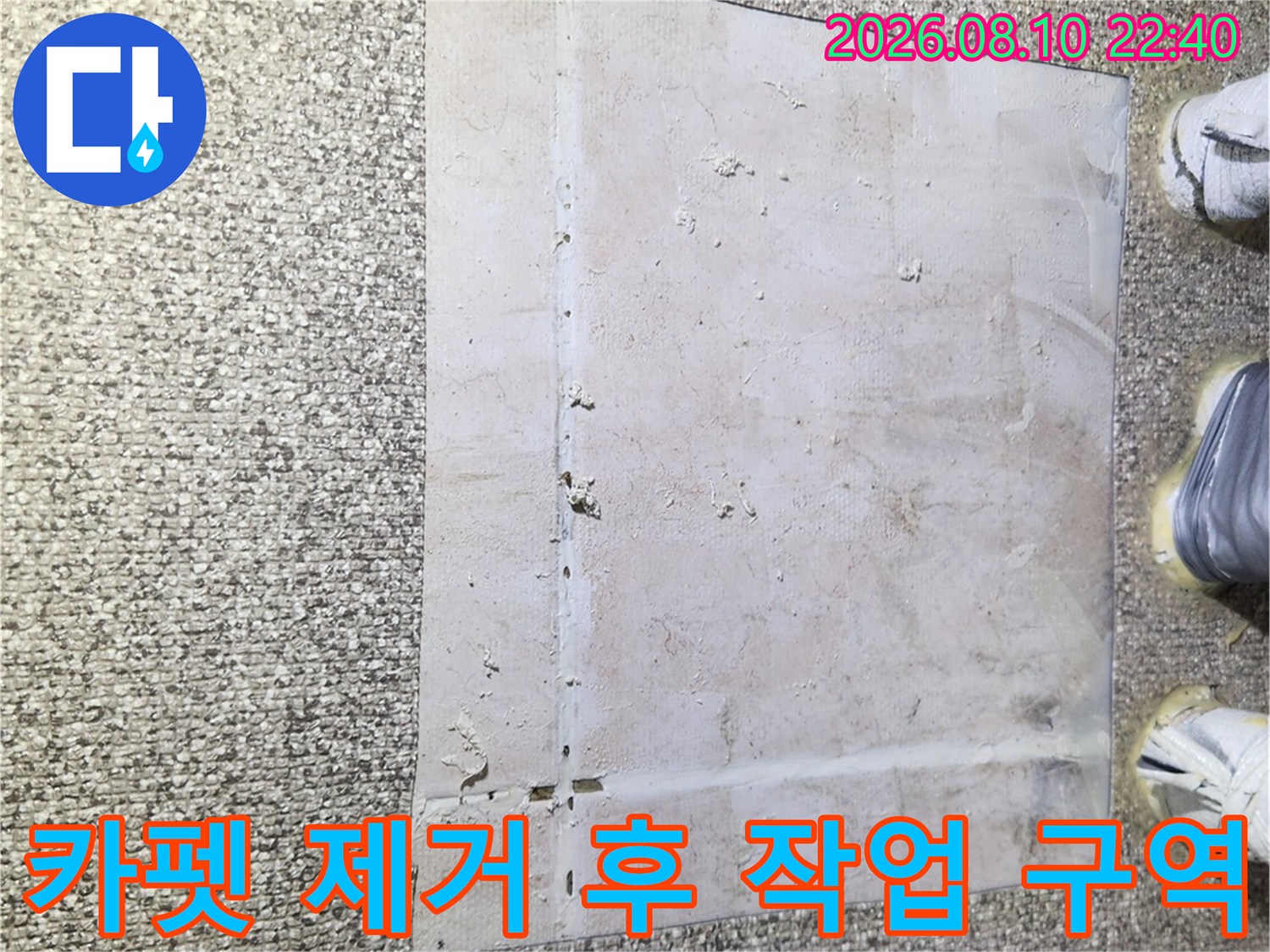 가락동 현장에서-배관 수선할 자리를 찾기 위해 카펫을 일부 들어 올렸습니다.