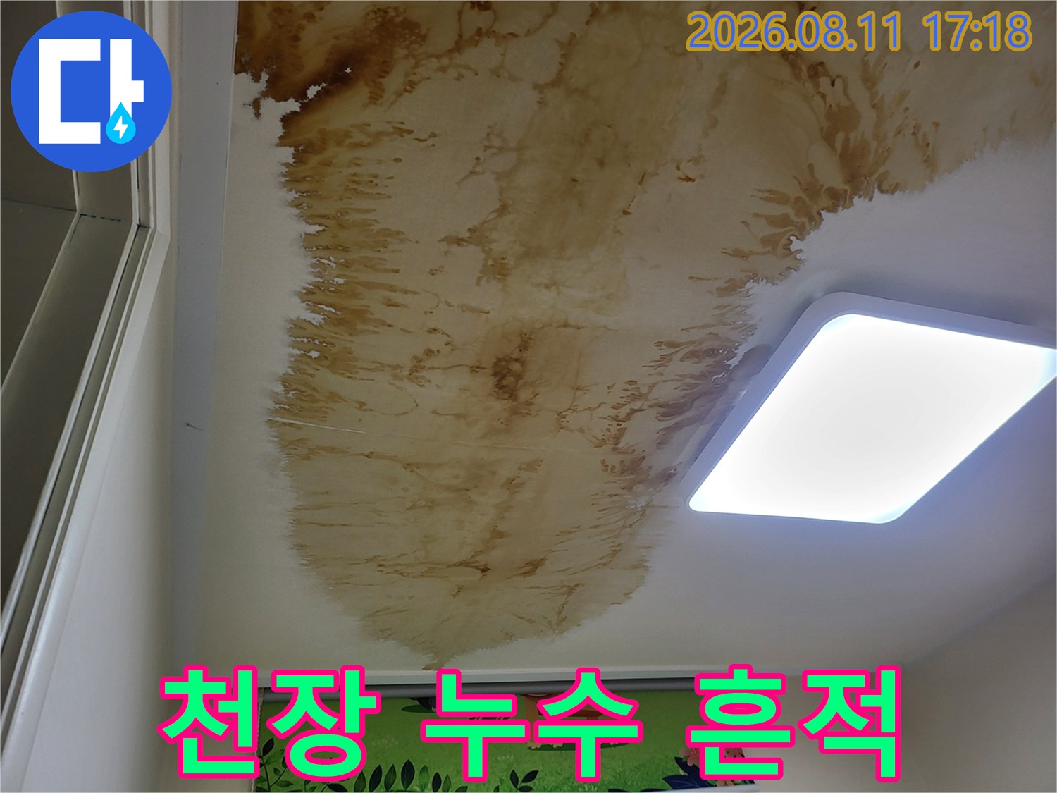 천장 매립등 주변으로 넓게 퍼진 갈색의 누수 얼룩 부위