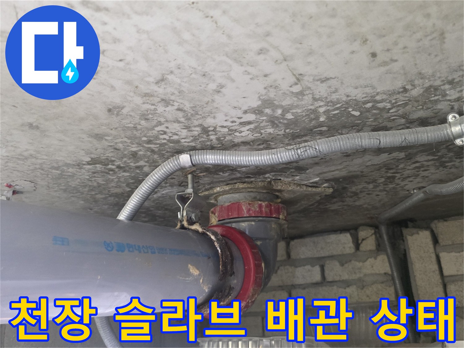 천장 콘크리트 면에 노출된 배수관 및 전기 배선 확인
