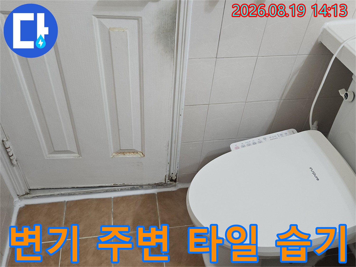 백석동 아파트-변기 근처 타일 틈새에 스며든 습기와 오염된 흔적입니다.