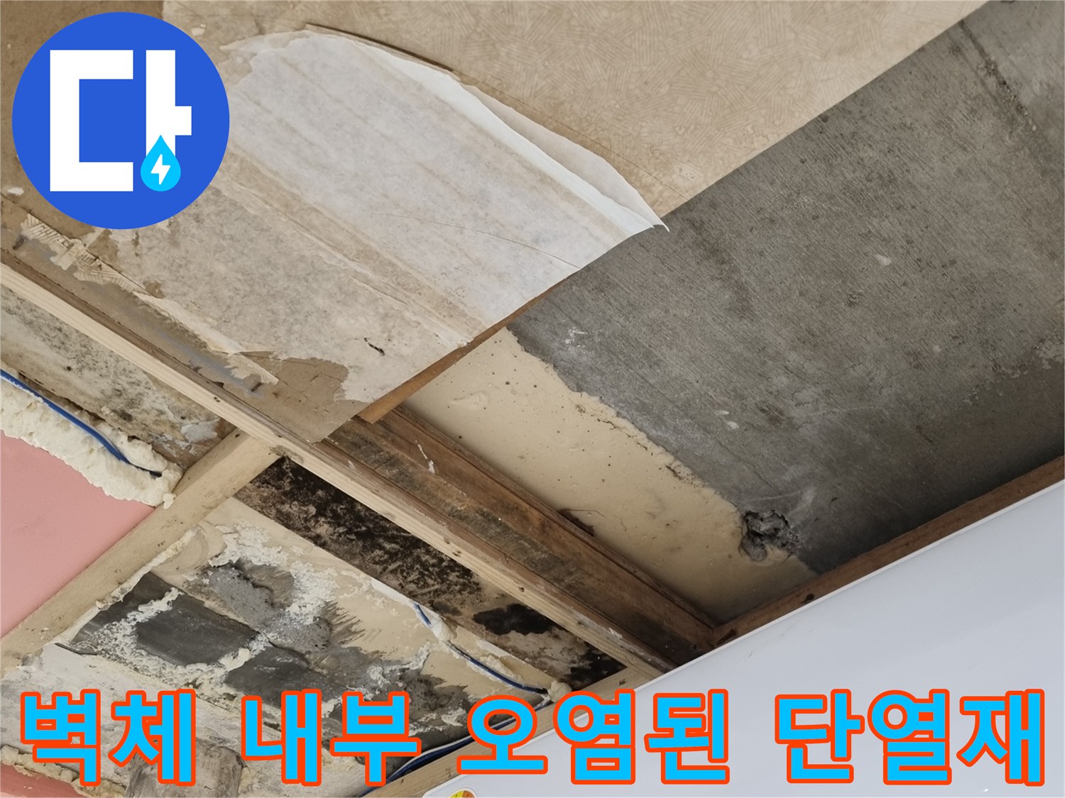 에어컨 하부 벽체-습기로 인해 변색된 단열재와 곰팡이