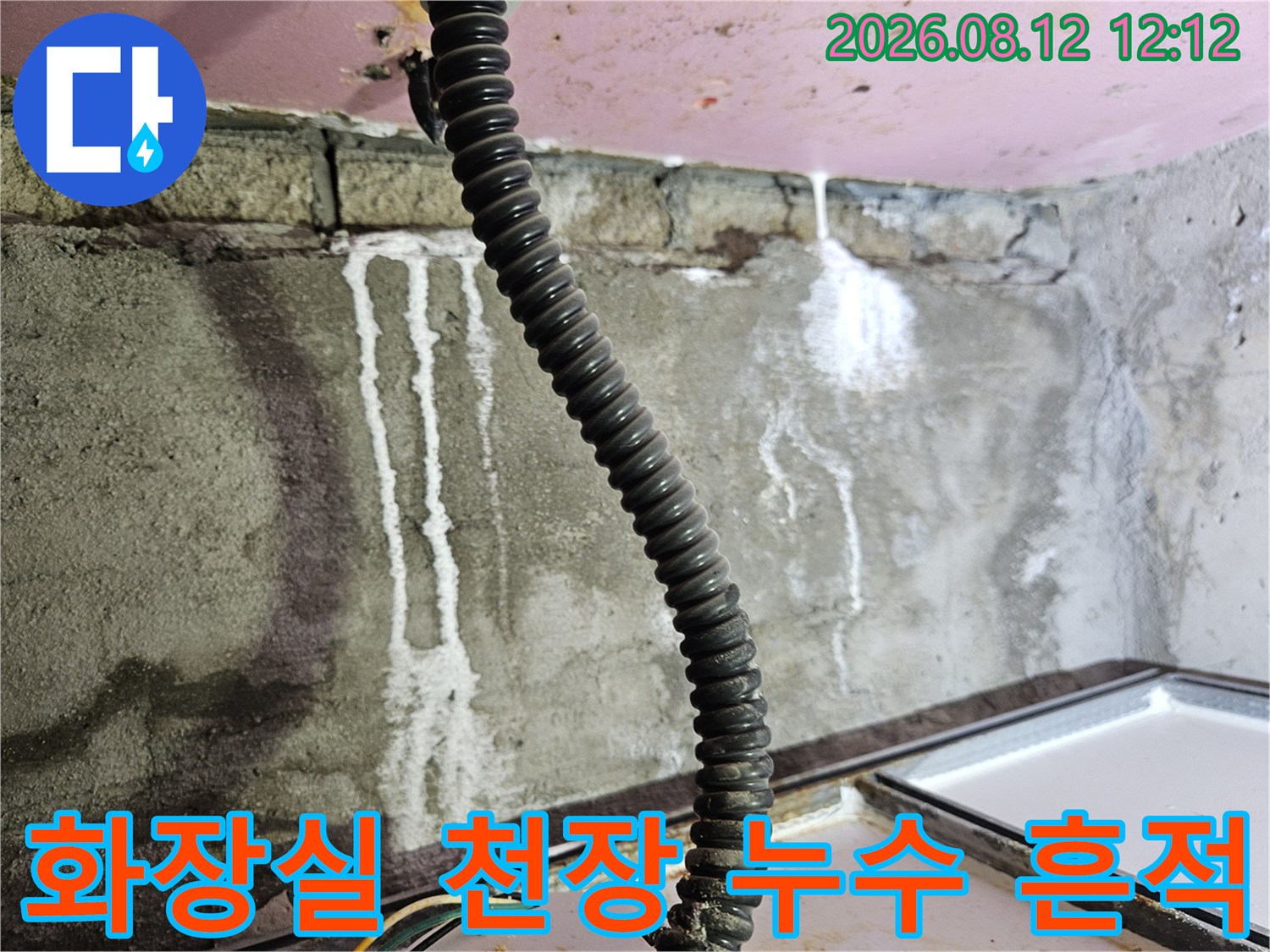 양주 옥정동-화장실 천장 배관 주변의 하얀 물자국과 습기 흔적