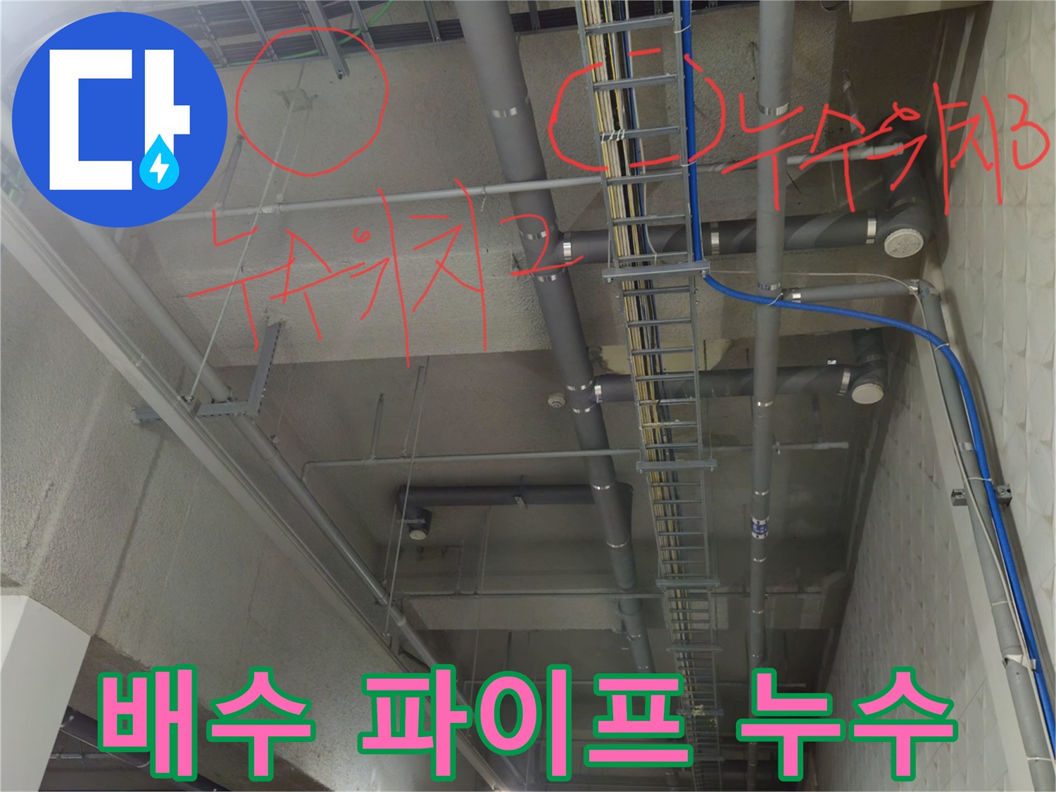 붉은색으로 표시된 천장 배관의 물샘 부위