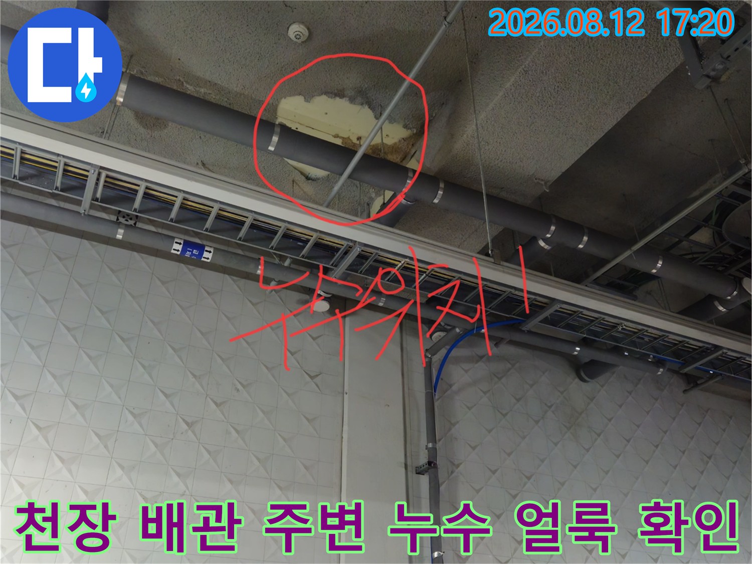 지하주차장 천장 배관 주위의 슬라브 누수 및 변색 부위