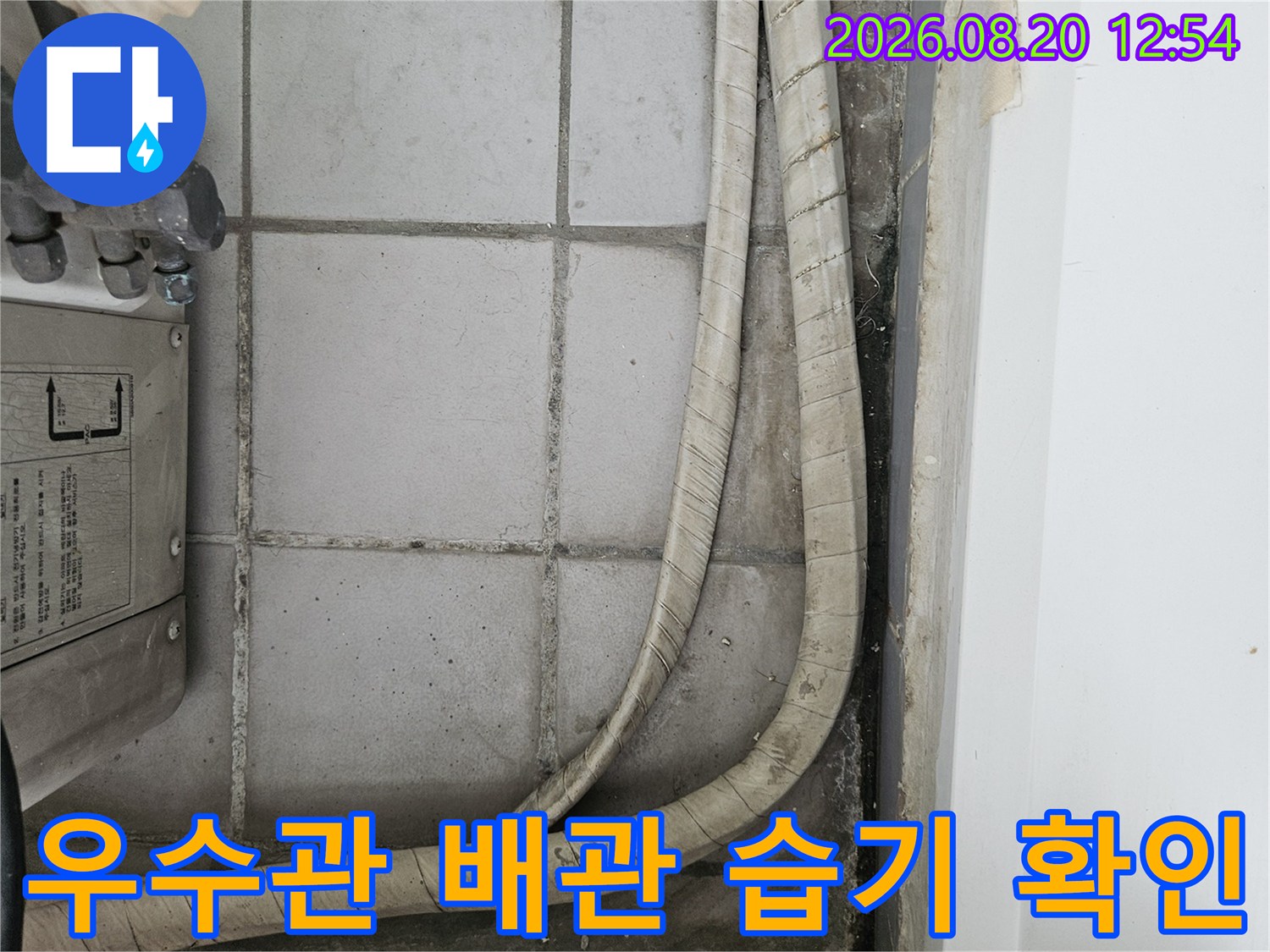 우수관 배관 주변 타일의 습기와 오염 상태를 나타냅니다.