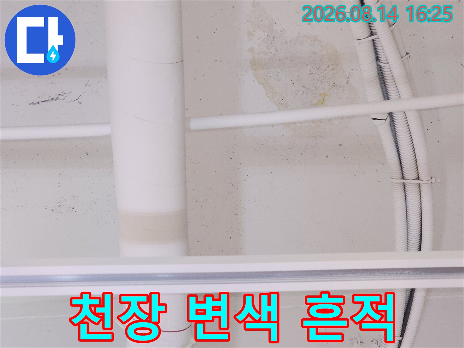 고양시 덕양구 상가 천장에 발생한 누수 물자국과 배관 상태