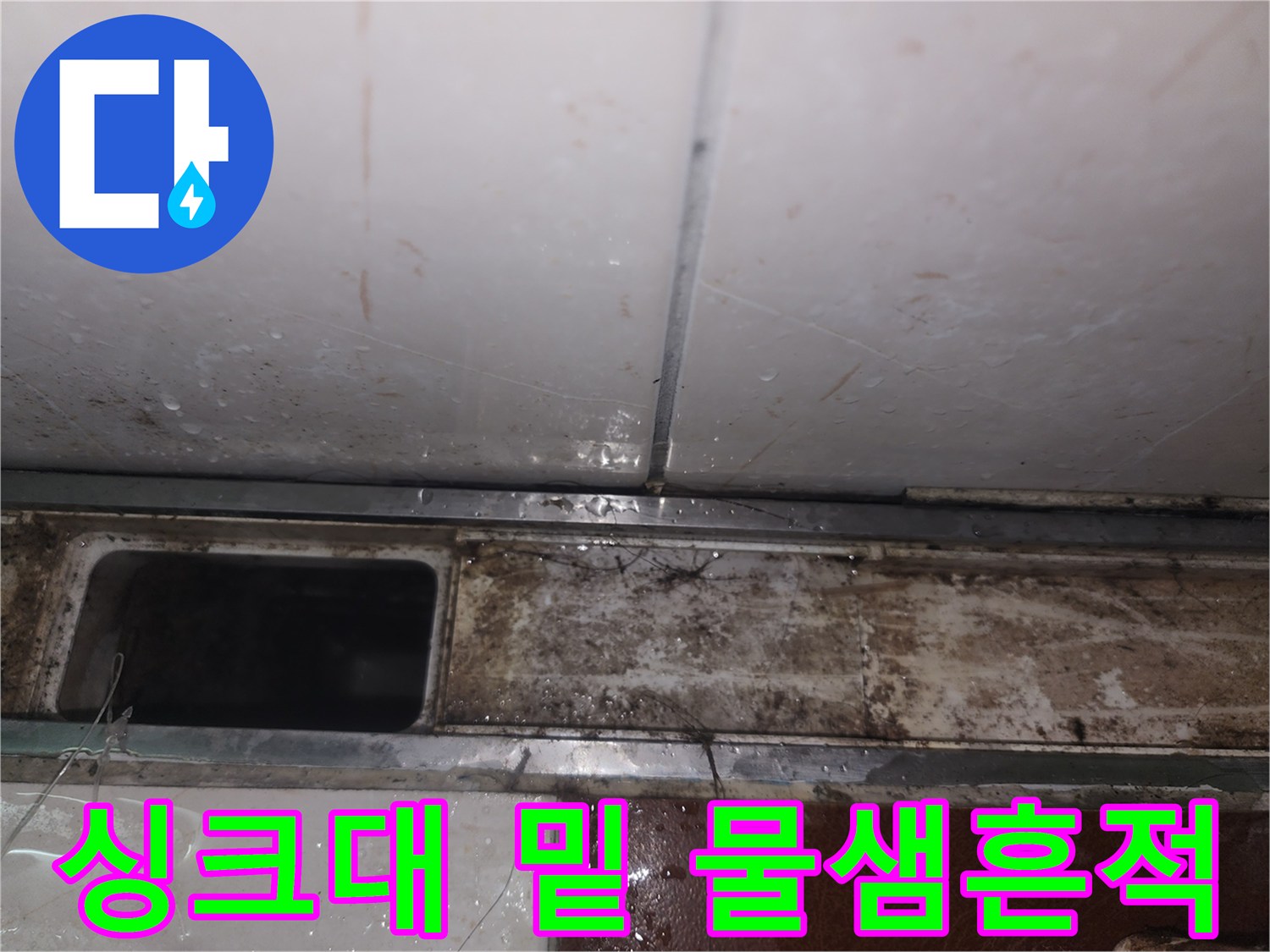 주방 싱크대 하부-습기로 오염된 마감재 상태