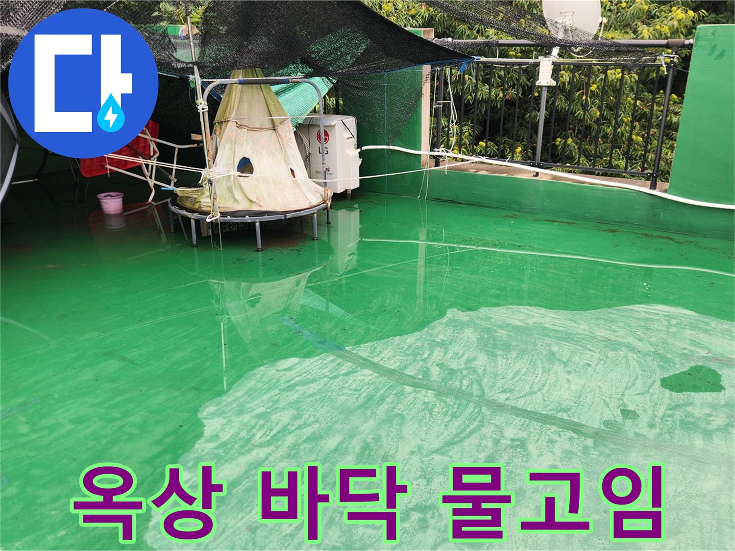 초록색 방수층-위에-물이 고여있는-옥상 전경