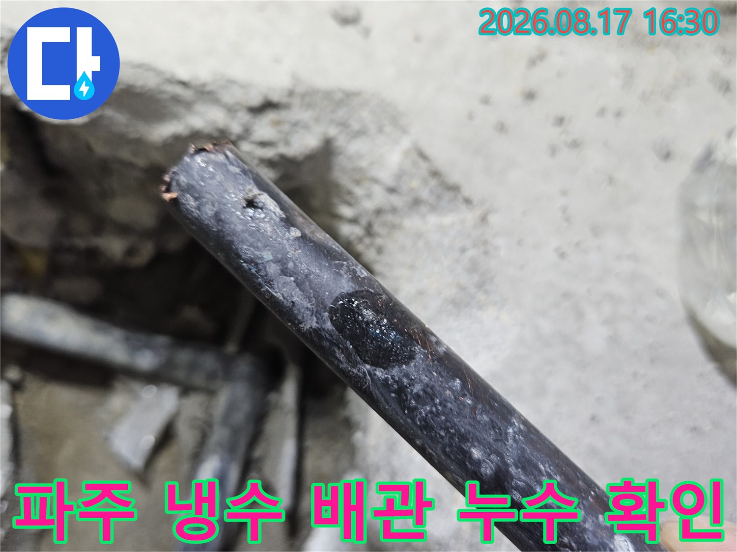 파주 문산읍 아파트 현장에서 발견된 손상된 검은색 냉수 배관