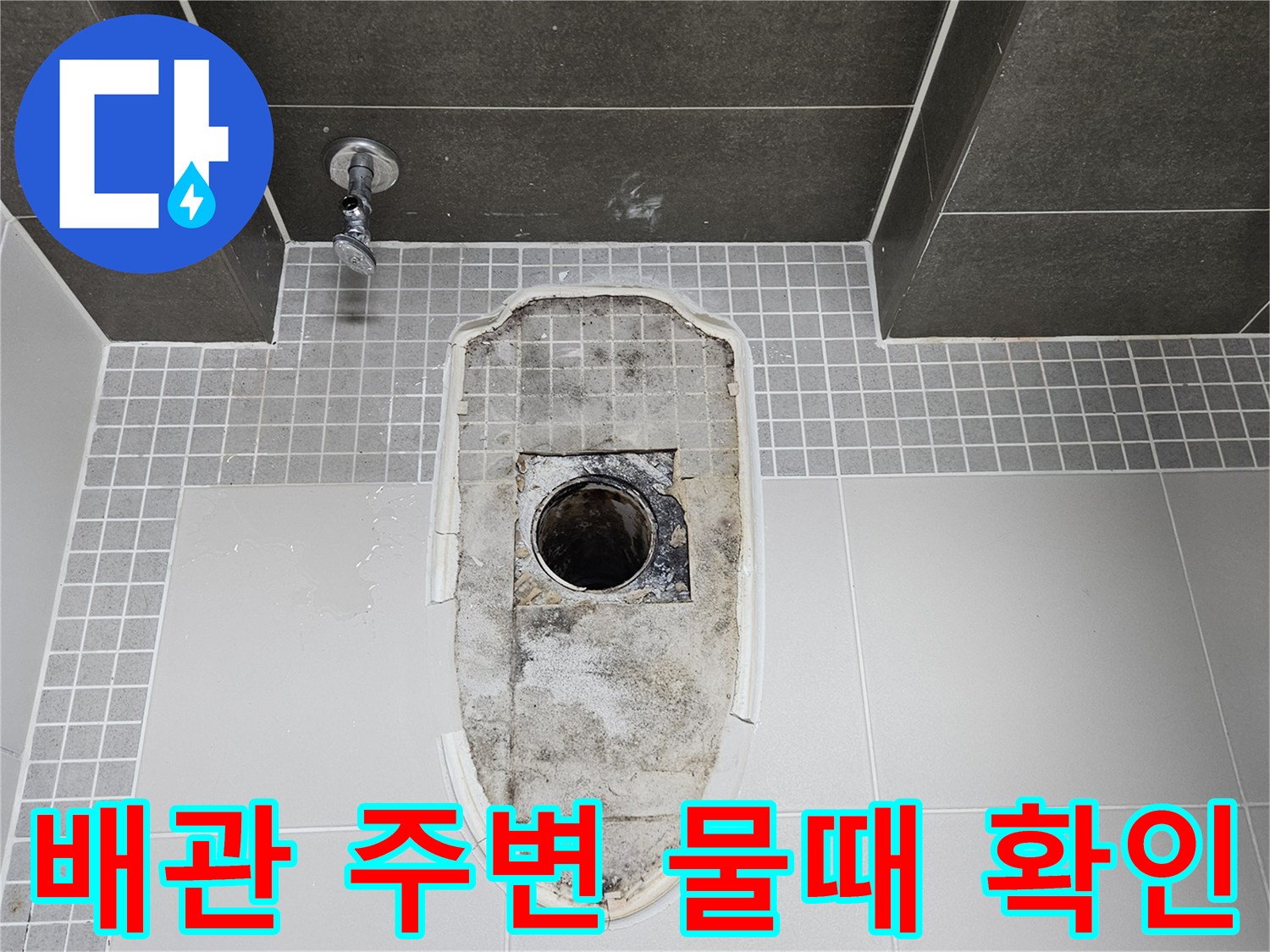 화장실 배수구-배관 입구의 심한 오염과 습기 흔적