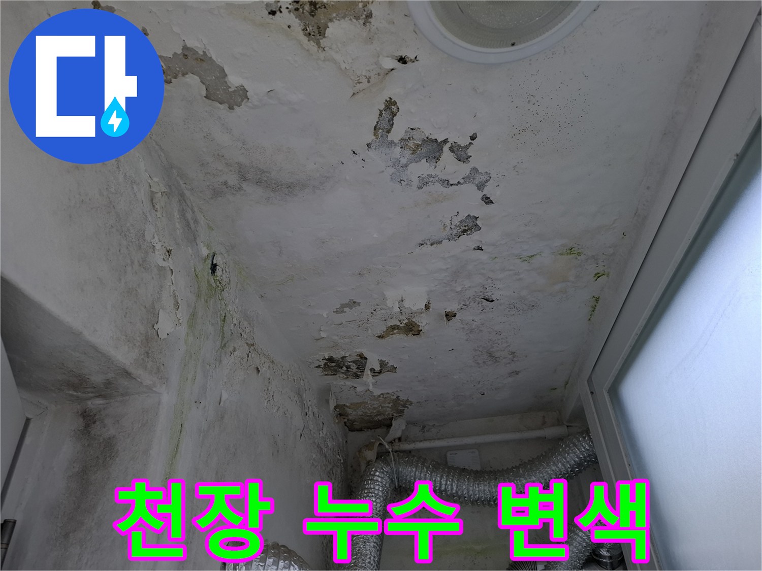 물샘 현상으로 인해 누렇게 변해버린 천장 마감재 부위