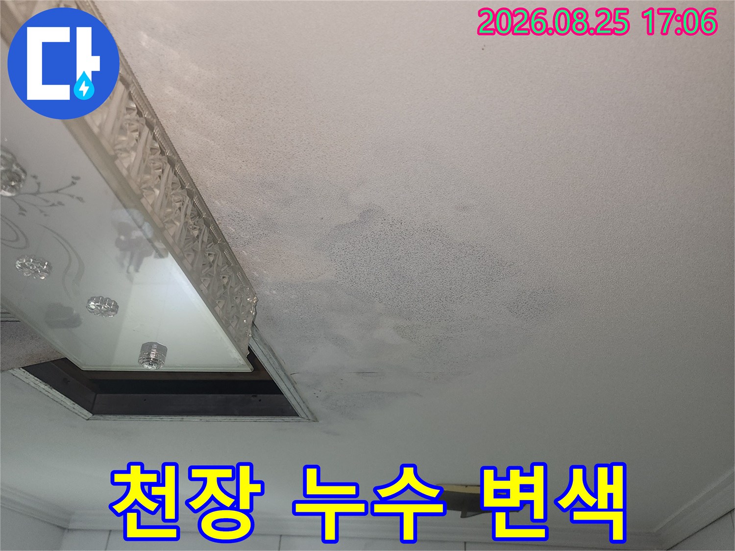 물기가 스며들어 변색된 화장실 천장 마감재 부위