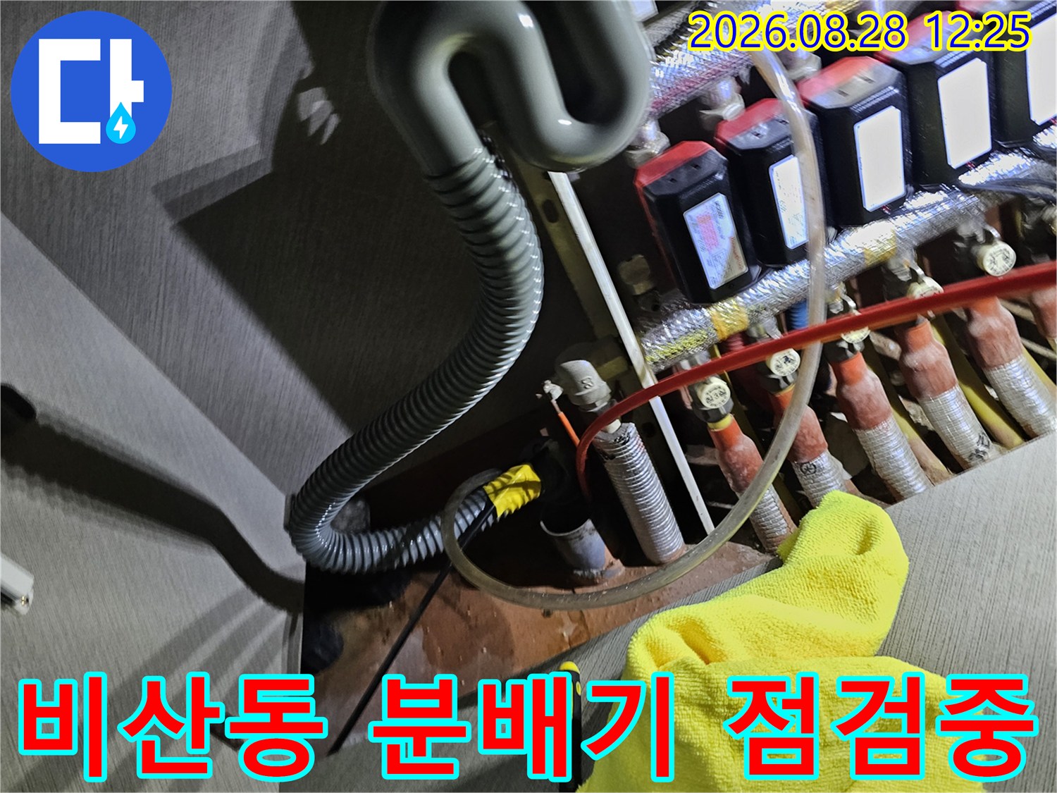 싱크대 하부의 보일러 분배기와 연결 배관들의 복잡한 구조를 촬영했습니다.