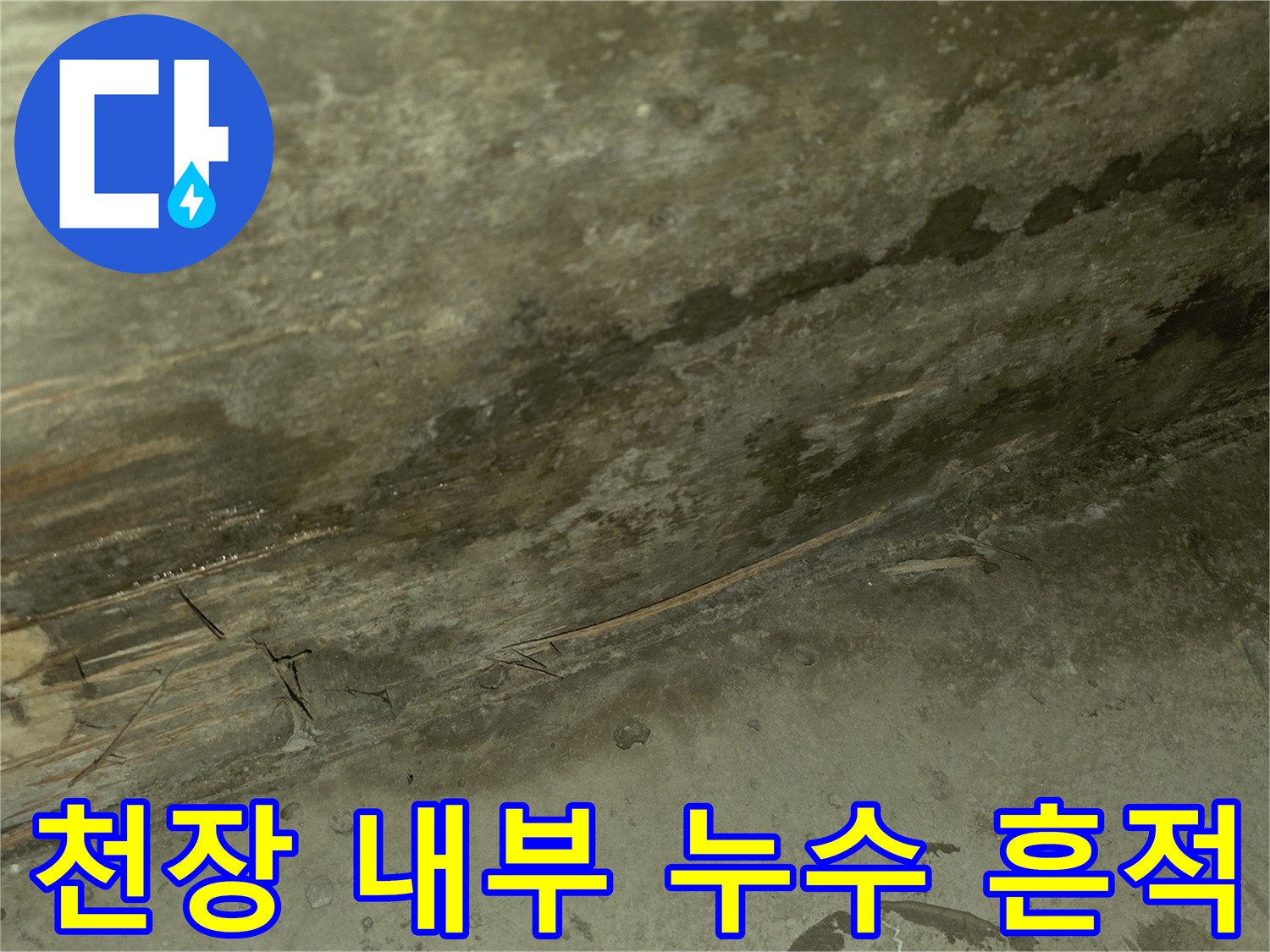 누수로 인해 어둡게 변한 천장 콘크리트의 모습입니다.