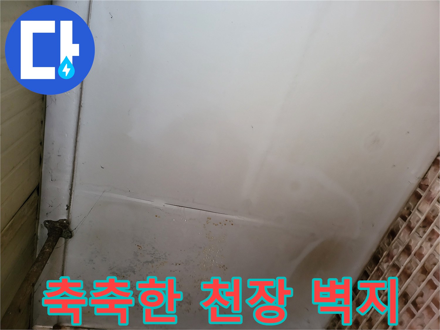 물에 젖어 변색된 천장 마감 부위 상세 사진