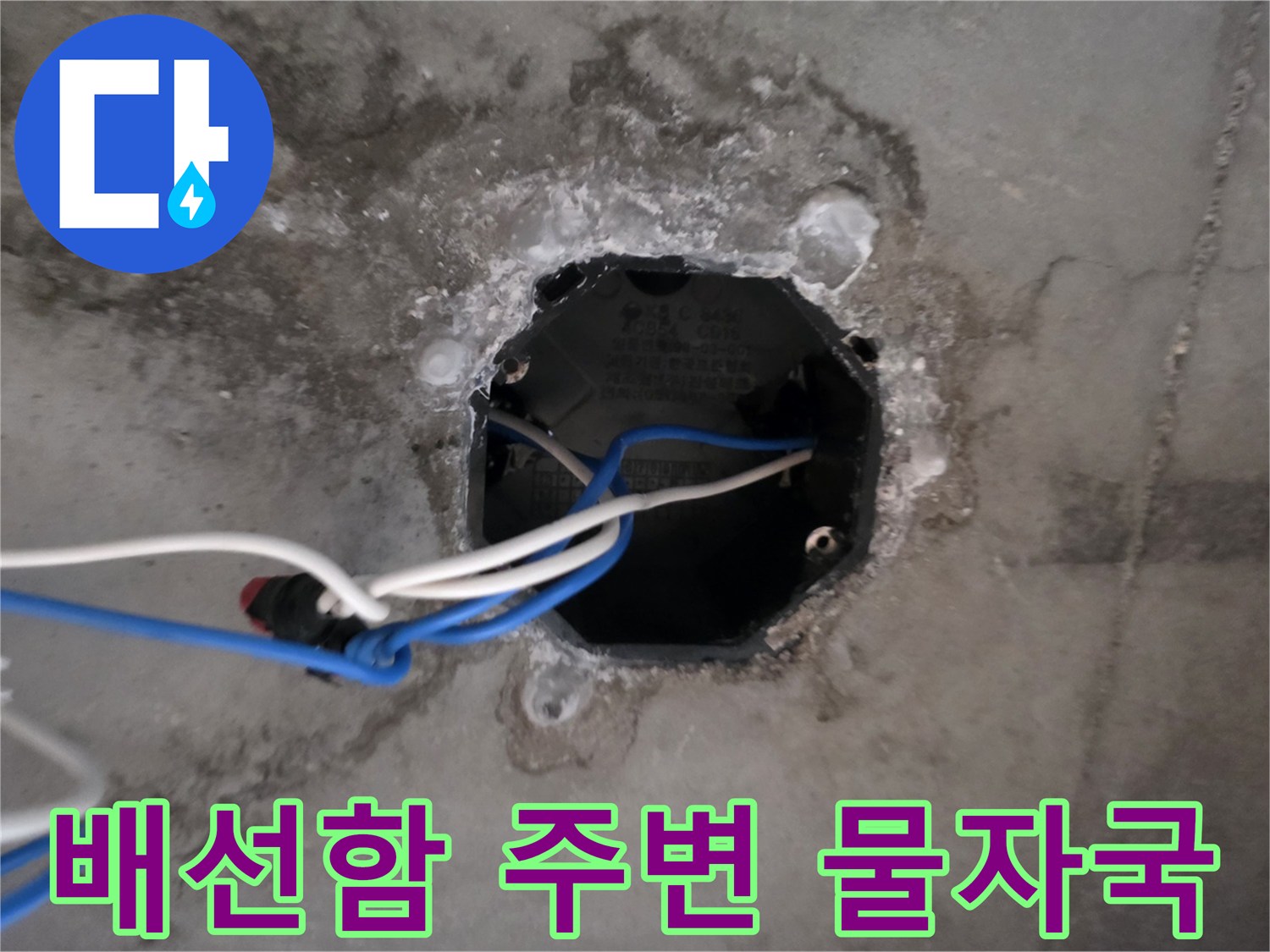 천장 전기 박스 내부에 스며든 누수 흔적과 젖은 배선들