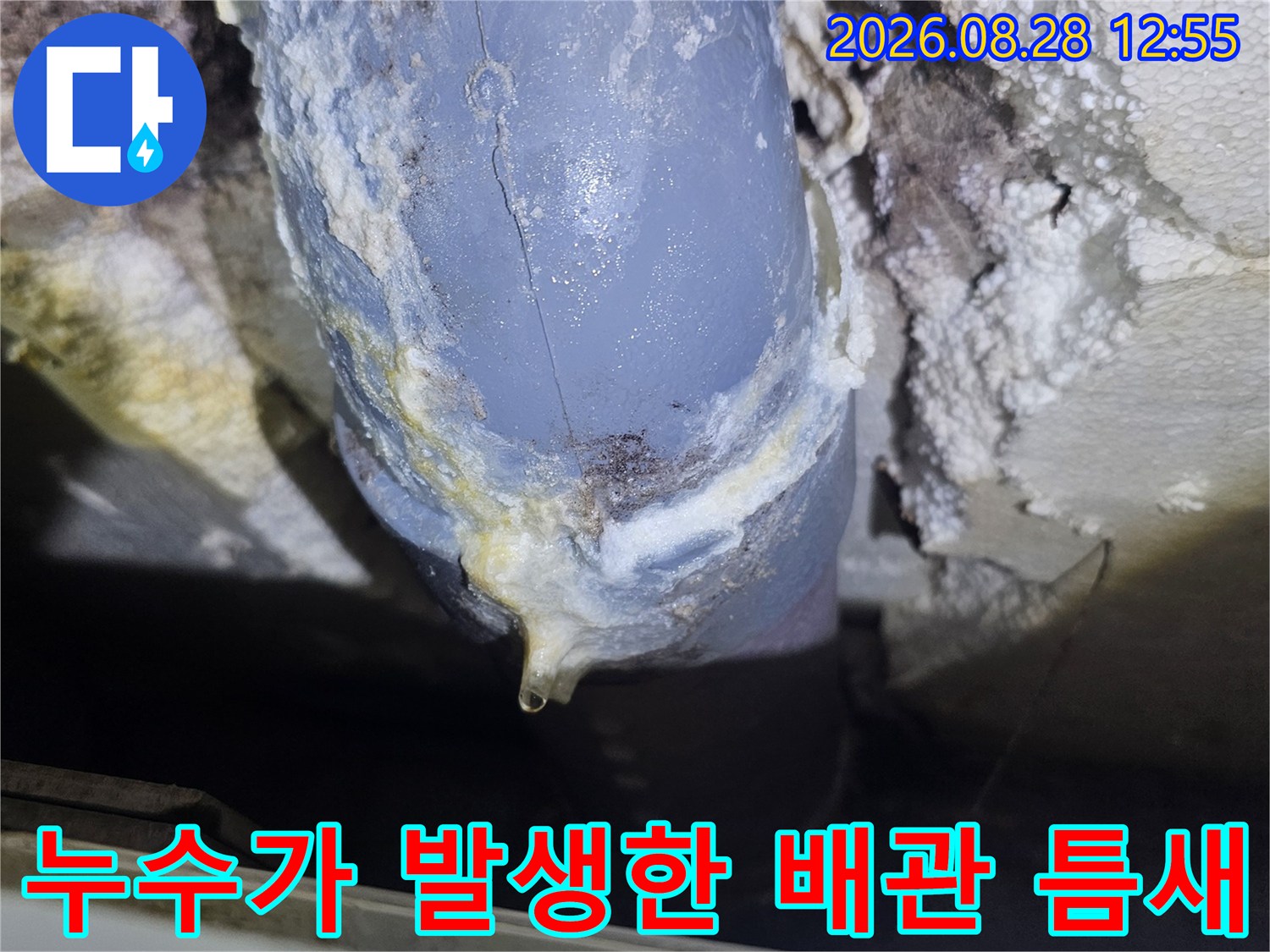 물샘 흔적으로 인해 변색되고 오염된 배수관 연결 부위 상세