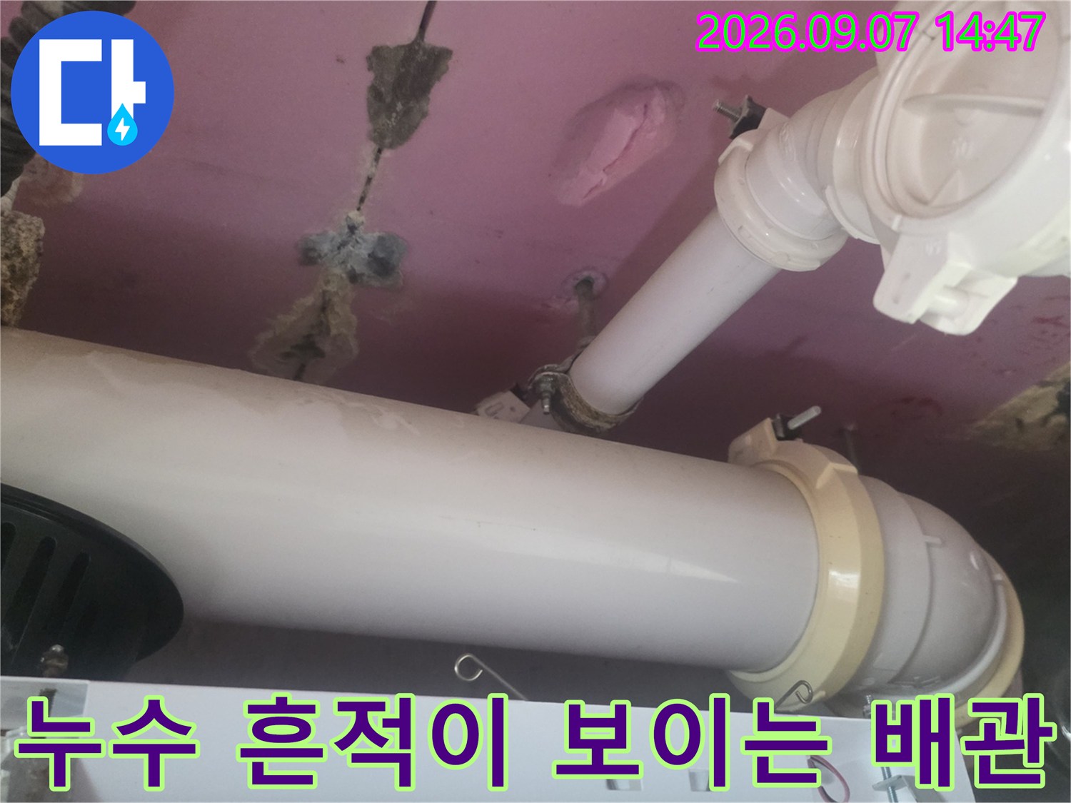 천장 내부-분홍색 마감재의 얼룩과 흰색 PVC 배관 연결 부위
