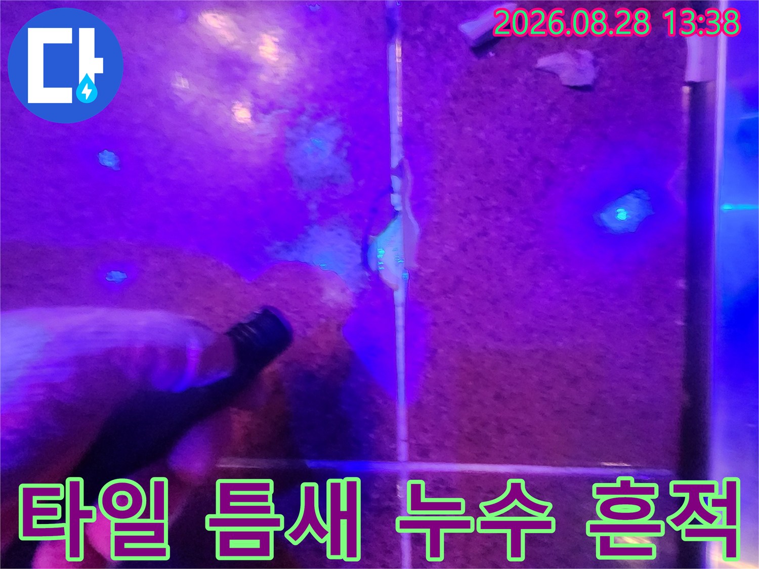 어두운 지하 공간에서-형광 반응으로 나타난 타일 틈새 누수 지점입니다.