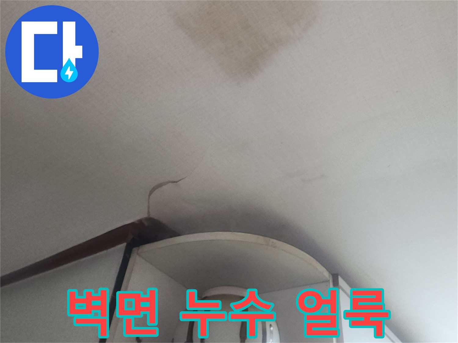 거실 천장 부위의 심한 물샘 흔적과 벽지 오염