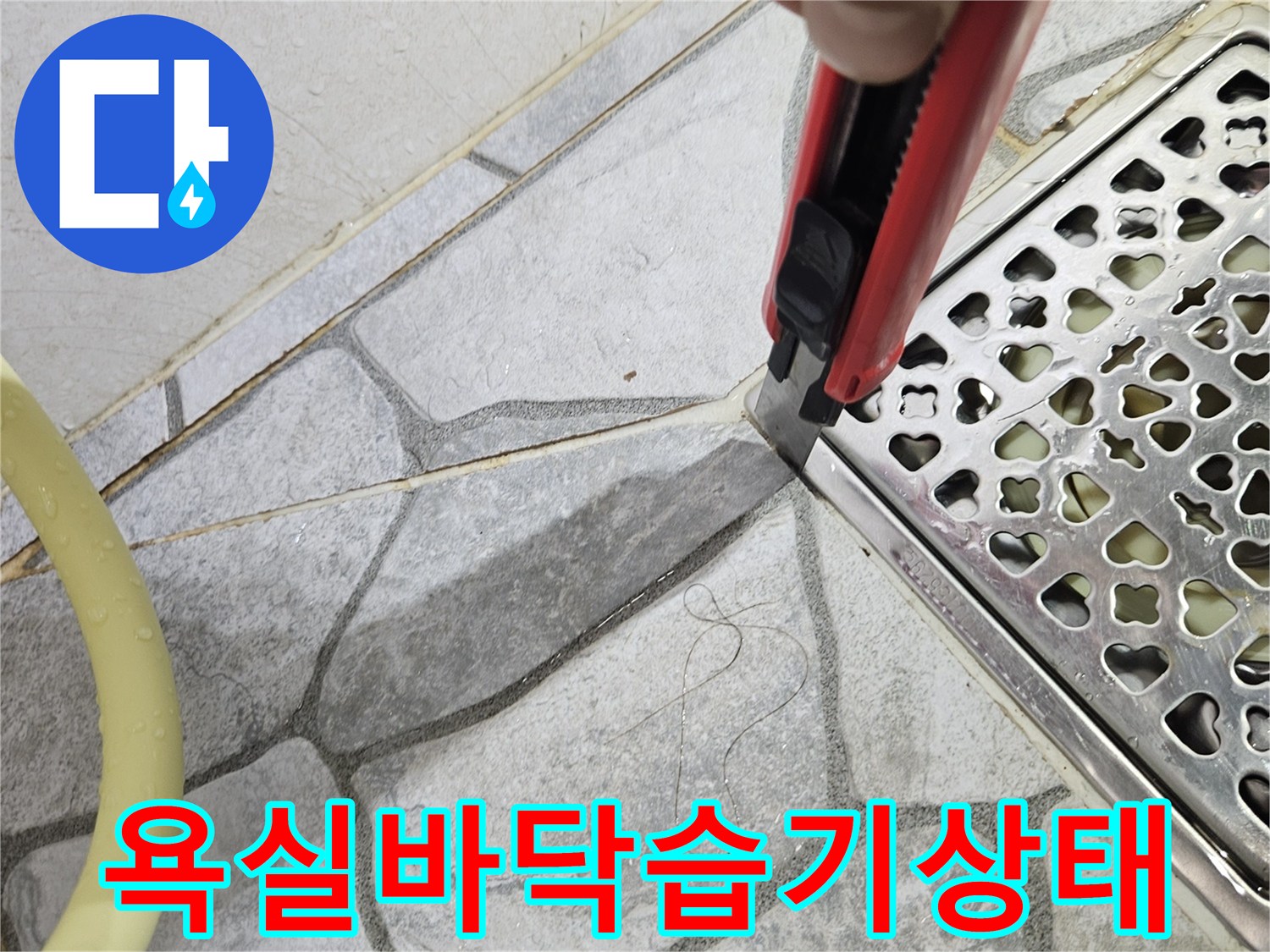 물기가 머금어진 욕실 타일과 배수구 주변부