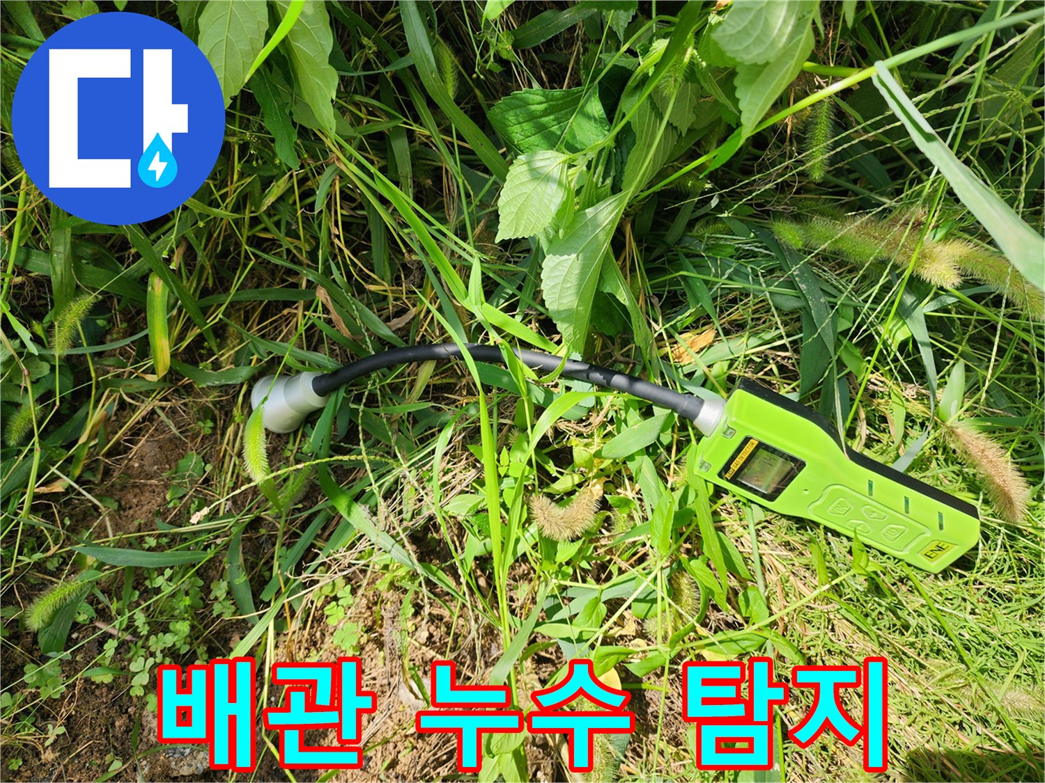 풀숲 아래 매설된 배관의 물샘을 찾기 위해 가스식 장비를 사용하는 장면