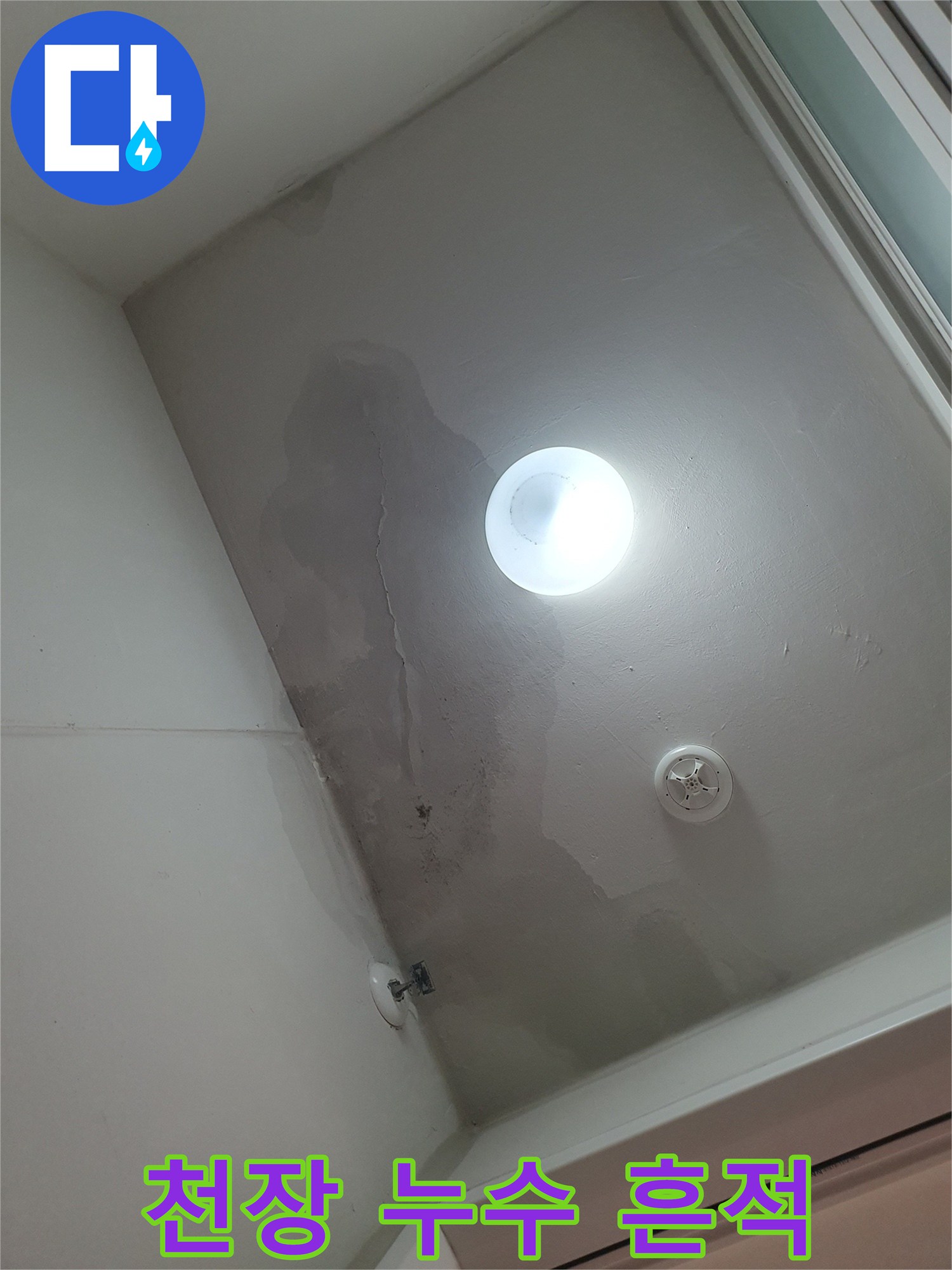 세탁실 천장의 불규칙한 누수 얼룩과 균열