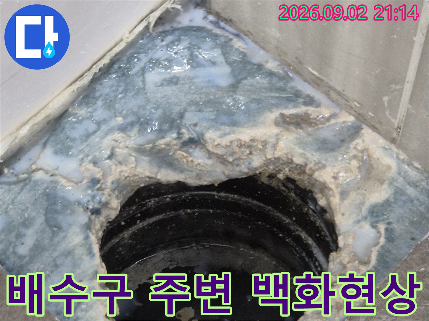 화성 동탄 현장의-배수구 주변에 하얗게 일어난 백화현상과 오염된 상태