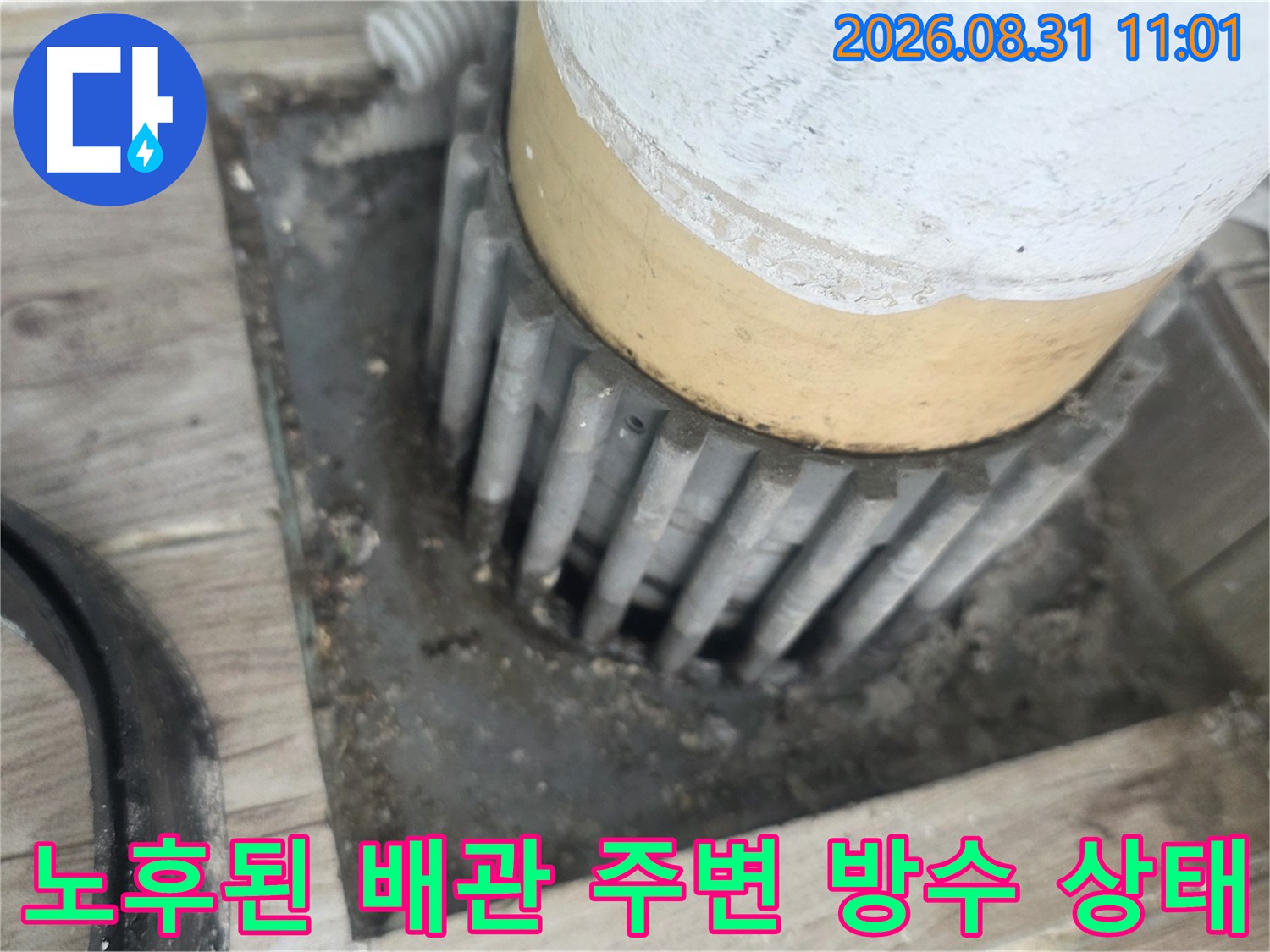상계동 현장의-배수구 주변에 벌어진 틈새와 오염된 방수층 모습입니다.