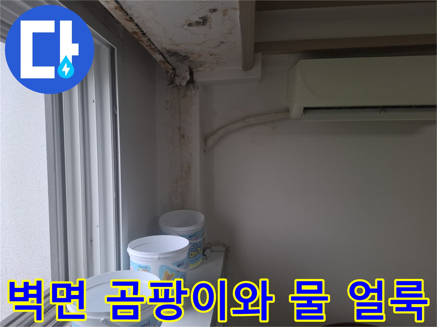 창문 옆 벽면에 번진 곰팡이와 상단 천장의 침수 흔적