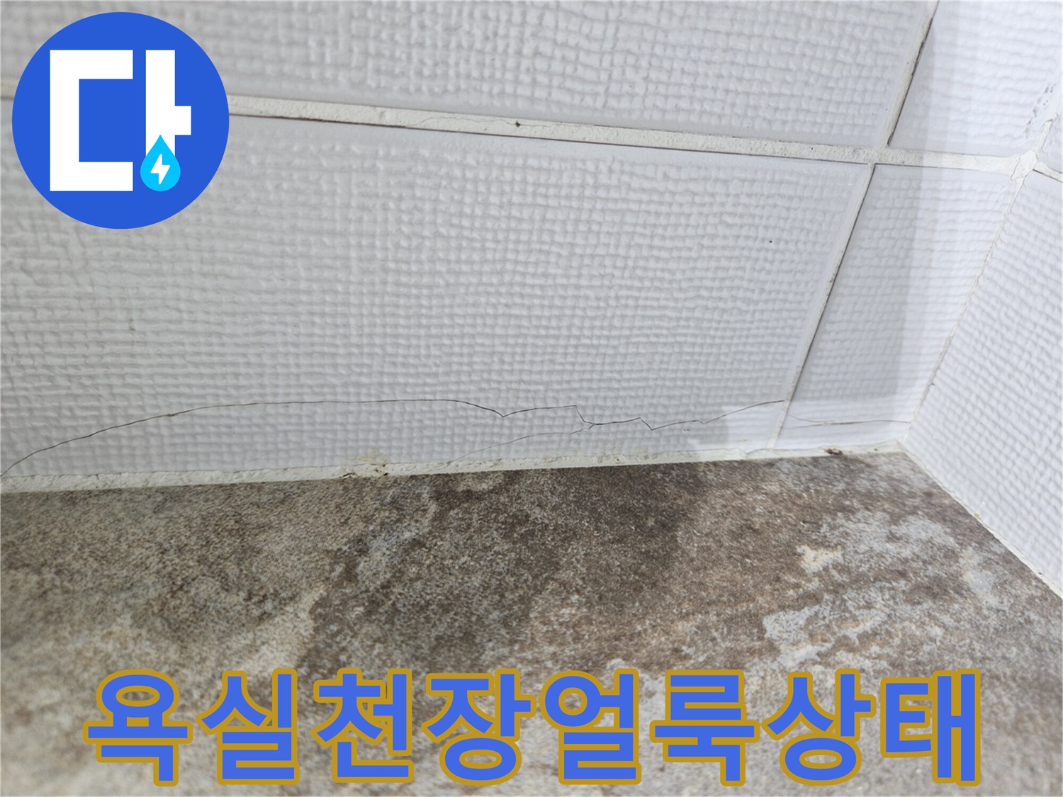 부평구 욕실 천장 타일 상단에 발생한 짙은 습기 얼룩과 균열 상태를 보여주는 사진입니다.