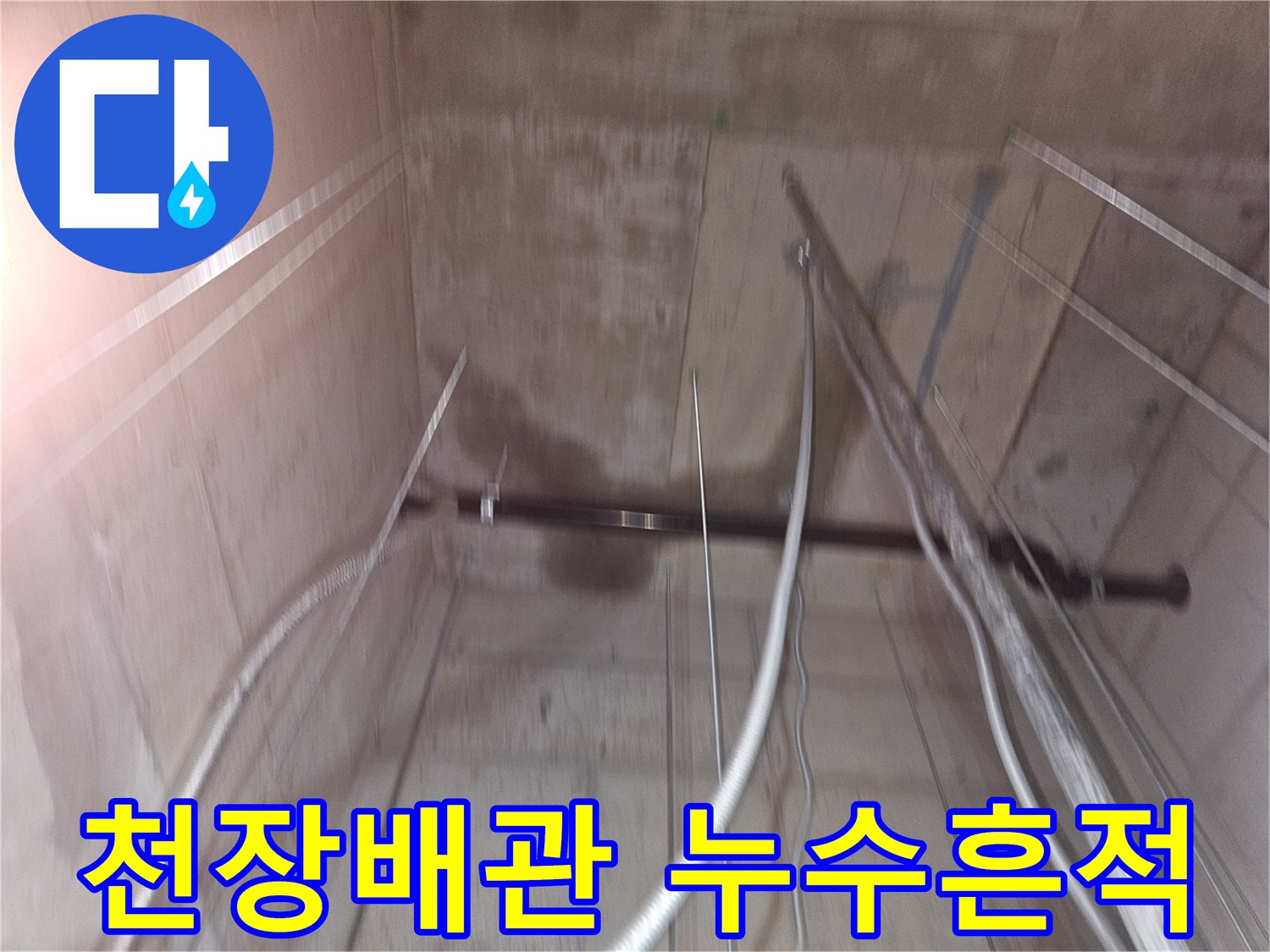콘크리트 천장에 나타난 어두운 누수 얼룩과 수직으로 내려온 배관들