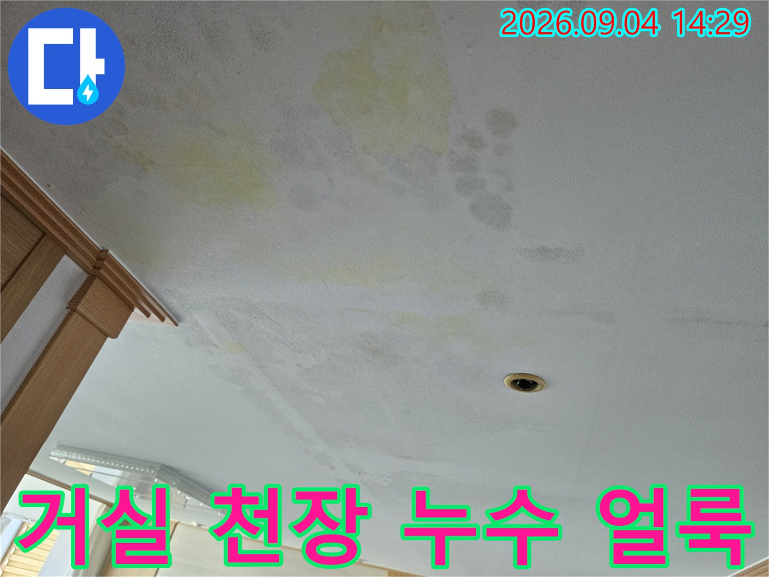 용인 처인구 거실 천장 - 누수로 인한 노란색 물자국과 변색된 상태